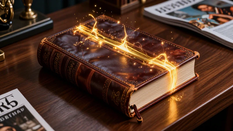 Libro antiguo de cuero con aura de saber en escritorio de lujo