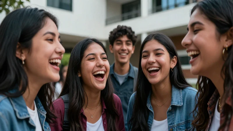 Amigos mexicanos ríen intensamente en la universidad