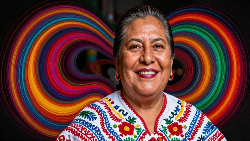 Educadora mexicana sonríe con energía cultural vibrante