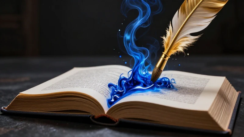 Ilustración épica de un libro antiguo con tinta azul y pluma dorada