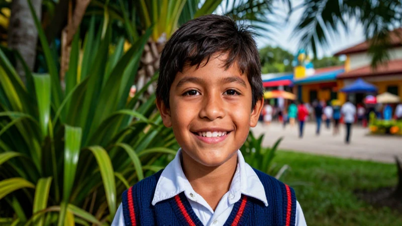 Niño mexicano sonriente en entorno tropical vibrante