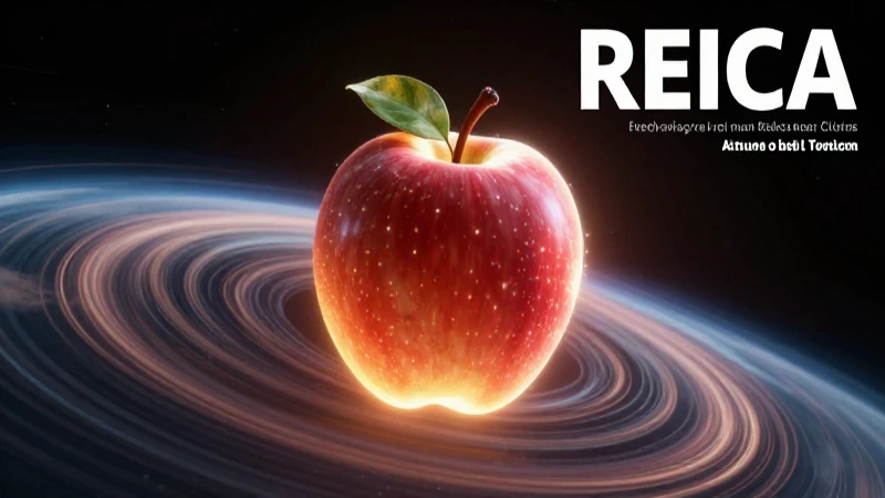 Manzana brillante orbitando un planeta estilizado