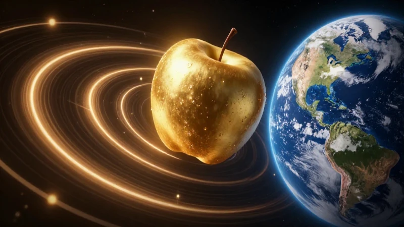 Manzana dorada y órbitas conceptuales sobre la Tierra