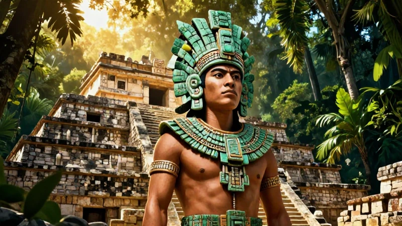 Majestuoso rey maya en ruinas doradas