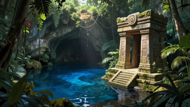 Cenote azul místico con altar en selva