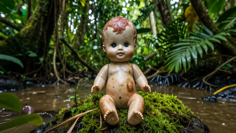 Descarga la leyenda de la Isla de las Muñecas: una historia llena de misterio y suspenso 4 Muñeca antigua en pantano selvático dramático