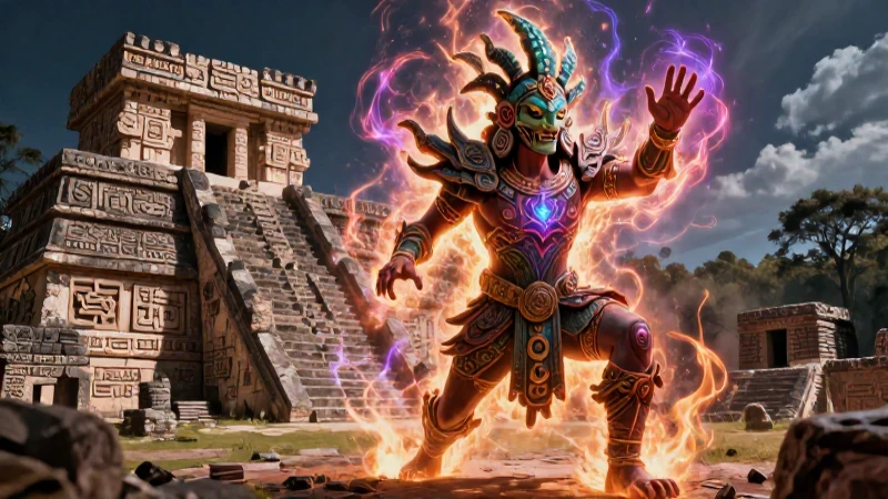 Nahual poderoso en ruinas de Oaxaca, iluminación dramática