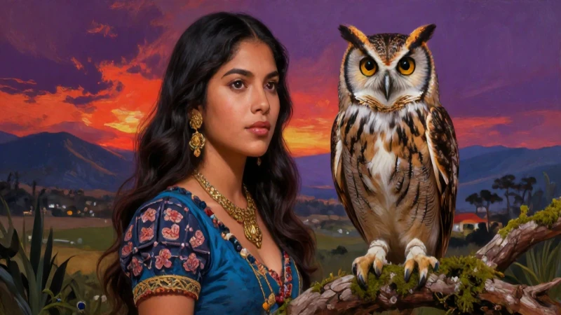 Retrato digital de mujer mexicana con búho majestuoso