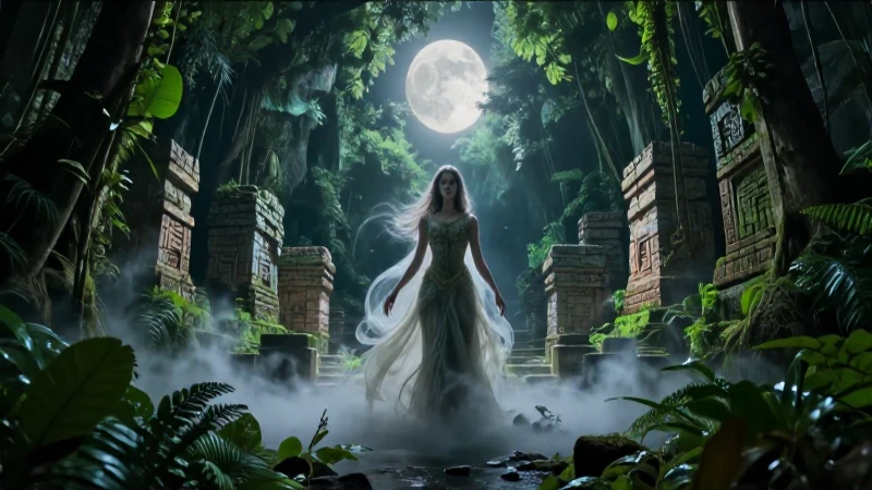Espíritu maya en ruinas, bruma y luz dramática