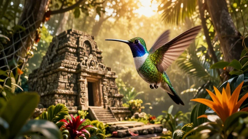 Colibrí maya en ruinas con luz dorada