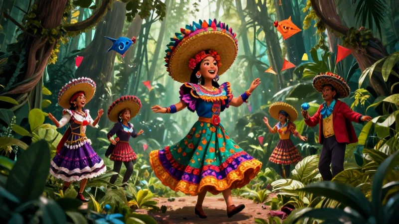 Duende mexicano festivo en selva vibrante