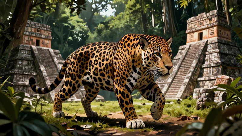 Jaguar nahual en jungla mesoamericana