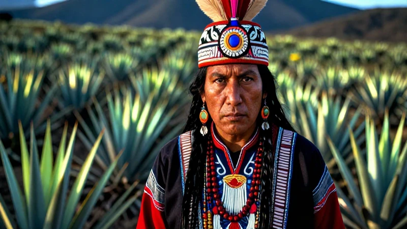 Chamán nahual moderno, mirada feroz, luz vibrante