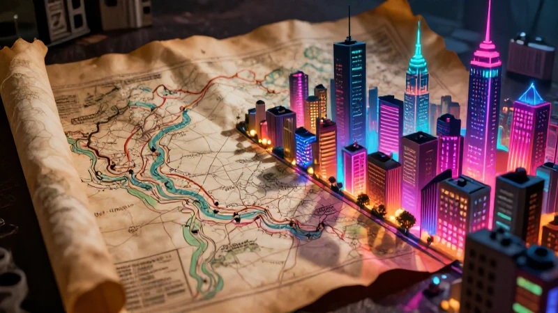 Mapa antiguo con neon y silueta misteriosa