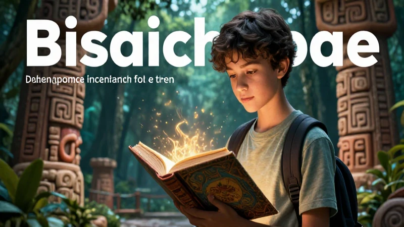 Joven explora libro antiguo con fondo místico