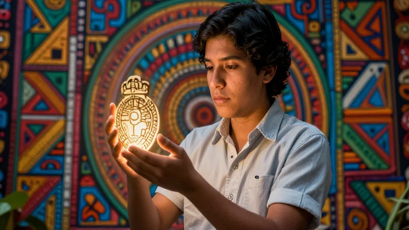 Joven mexicano con artefactos en patrones vibrantes