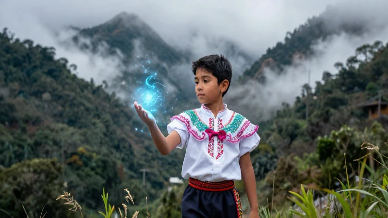Niño mexicano místico en montañas neblinosas