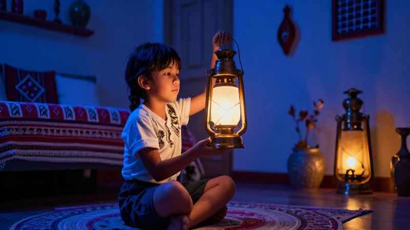 Niño mexicano mira linterna con luz dramática