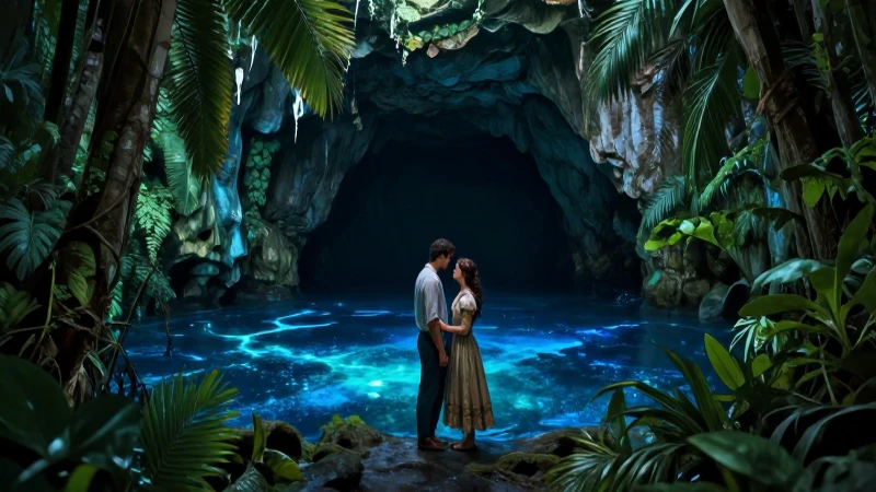 Conoce las leyendas cortas de Yucatán: misterio y tradición 5 Cenote misterioso con pareja trágica bajo iluminación dramática