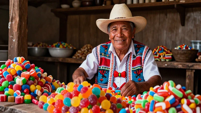 Artesano mexicano sonriente con dulces coloridos