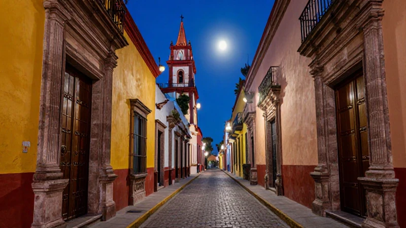 Callejón colonial mexicano con atmósfera romántica