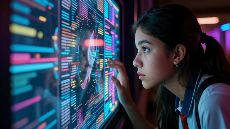 Estudiante mexicano ante espejo neón futurista