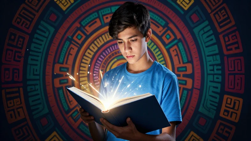Estudiante con libro mágico de cultura Mesoamericana