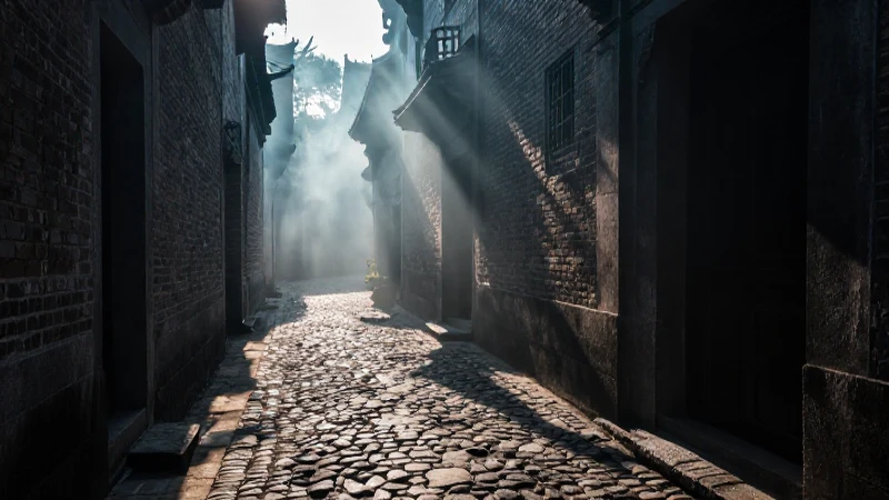 Fascinantes leyendas de Aguascalientes: misterio y tradición 3 Pasaje antiguo místico con sombras dramáticas