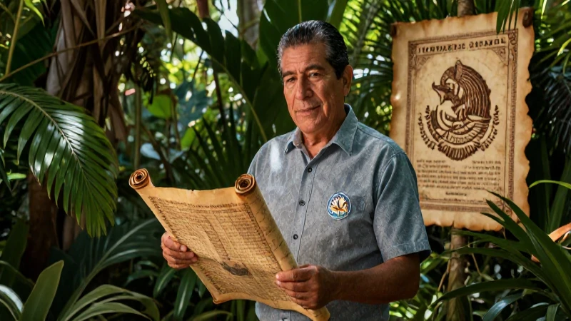 Conoce las Conoce leyendas de Campeche en cortas historias 5 Profesor mexicano en jungla sostiene un pergamino antiguo