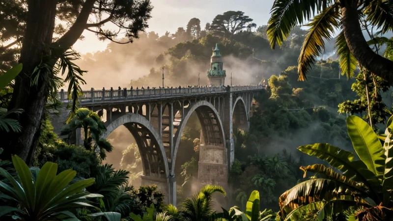 Puente histórico en San Francisco en niebla y atardecer
