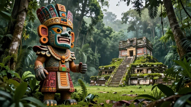 Guardián estilizado de Chiapas en la selva mística