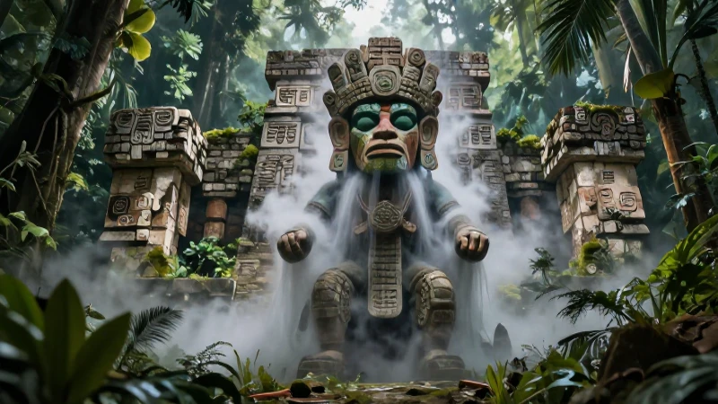 Figura maya mística en ruinas de la jungla