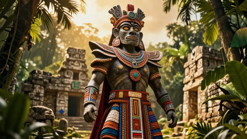Espíritu maya poderoso en ruinas con textiles guatemaltecos
