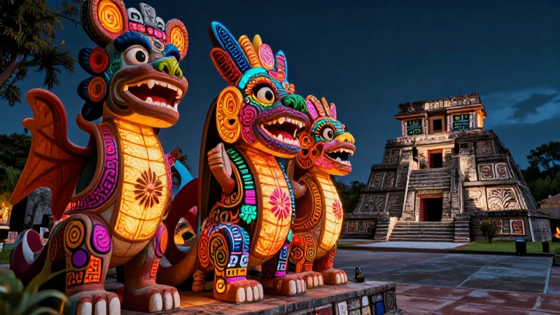 Leyendas de Huamantla con criaturas místicas y ruinas
