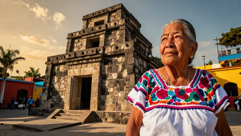 Mujer en Iztapalapa con arquitectura antigua bajo luz dorada