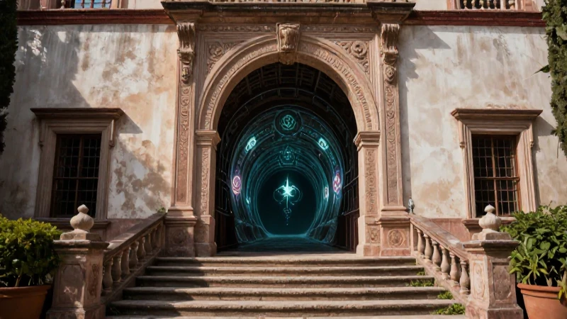 Fachada antigua descendiendo al misterioso túnel arcano