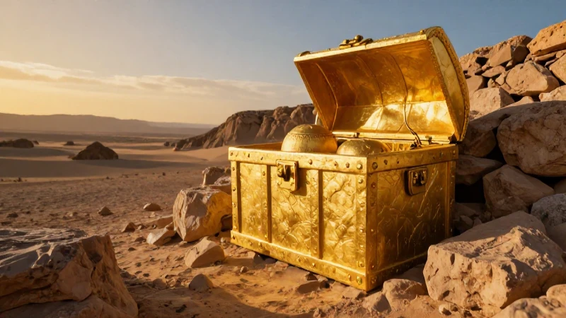 Cofre dorado en ruinas de La Paz al atardecer