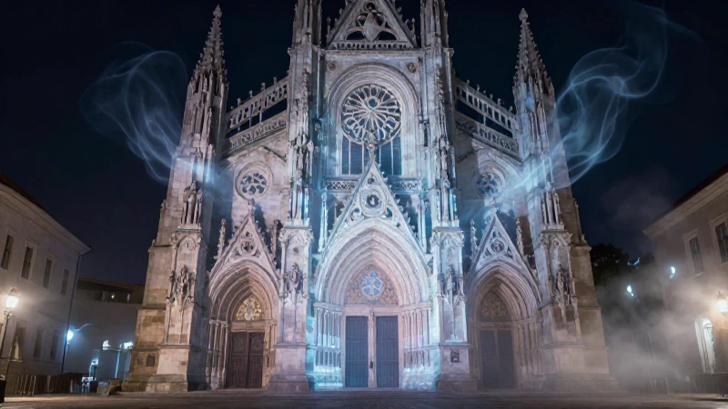 Fantasma etéreo sobre catedral nocturna brumosa