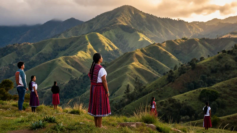 Figura en Chiapas ante montañas brumosas al atardecer