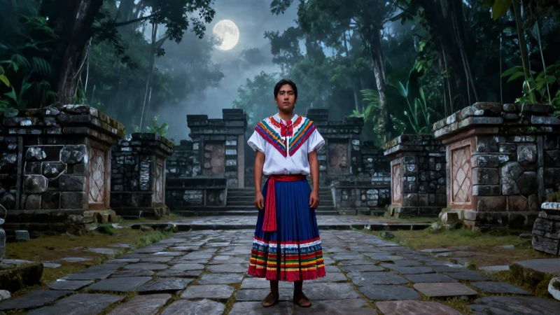 Figura Tlaxcalteca misteriosa ante ruinas bañadas en luz