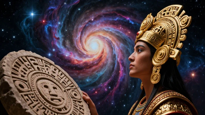 Conoce los Mitos y Misterios del Universo: Leyendas y Aventuras Fascinantes 3 Astrónomo maya mira neblina cósmica con gran detalle