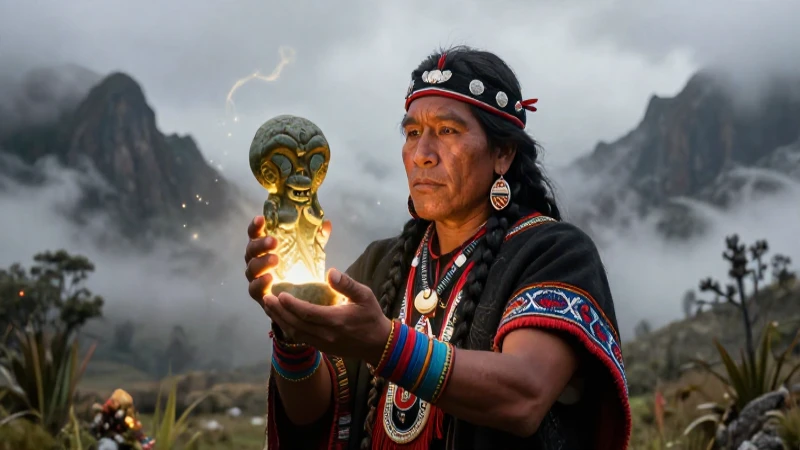 Chamán andino con artefactos místicos