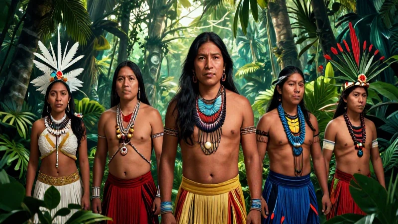 Ilustración detallada de indígenas en la selva amazónica