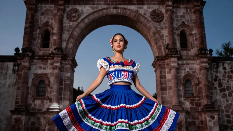 Mujer en vestido mexicano frente a arco mistico