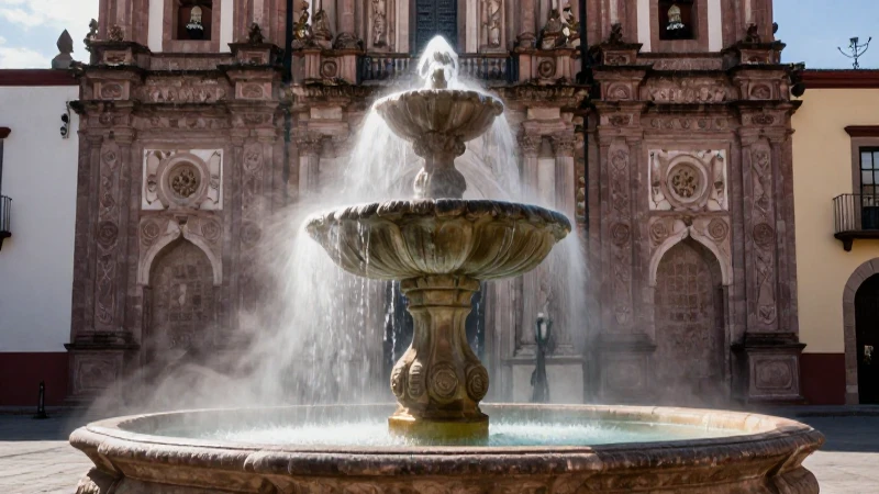 Fuente antigua en Querétaro con atmósfera mística y detalles vibrantes