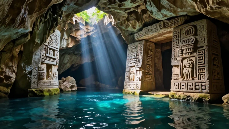 Leyendas yucatecas cortas: tradiciones Conoce y misteriosas 4 Cenote maya iluminado con arte detallado