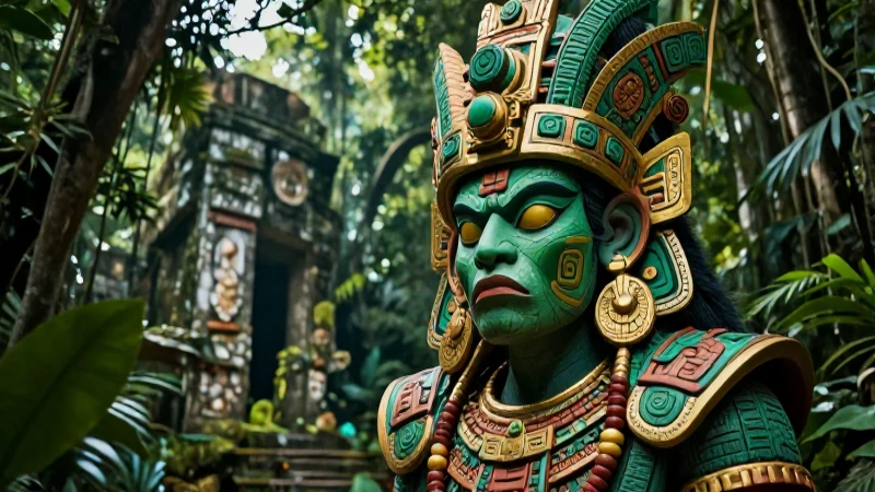 Leyendas yucatecas cortas: tradiciones Conoce y misteriosas 3 El Alux estilizado en ruinas mayas con luz cinematográfica
