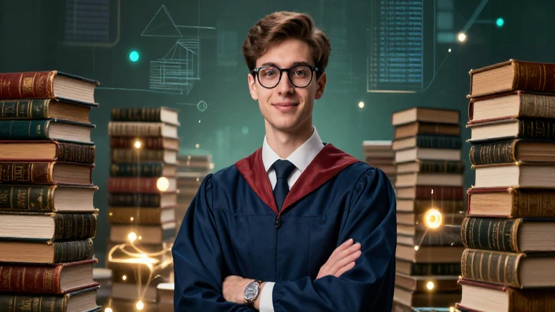 Joven académico carismático entre libros y datos