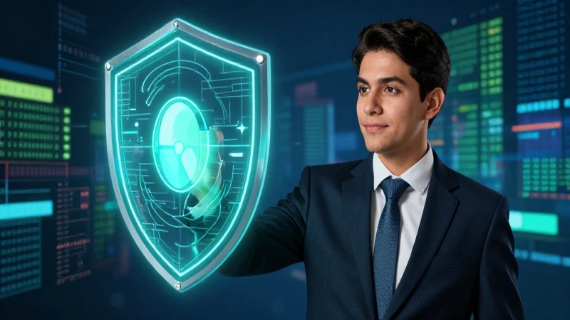 Joven mexicano profesional con escudo futurista