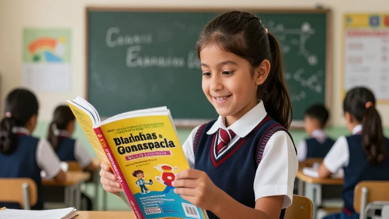 Descarga gratis el libro de inglés para 3º de primaria en PDF 5 Estudiante feliz en escuela mexicana con libro vibrante